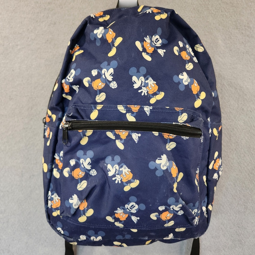 Disney Mickey Mouse Navy Blue All Over Print Polyester Backpack Front Zip Pocket